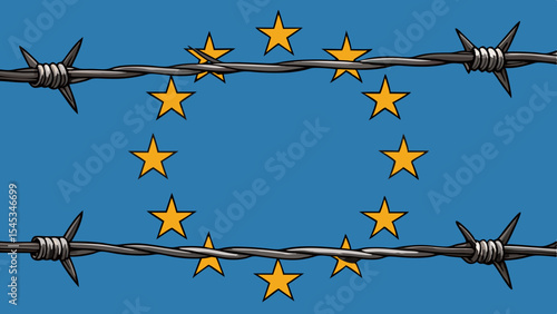 Barbed wire against a backdrop of the European Union flag  