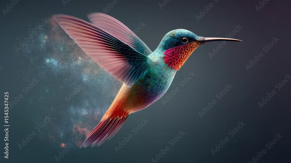 Fototapeta premium Colorful hummingbird is flying through a blurry background. The bird's wings are spread wide, and its body is adorned with a mix of red, blue, and green feathers. Concept of freedom and beauty