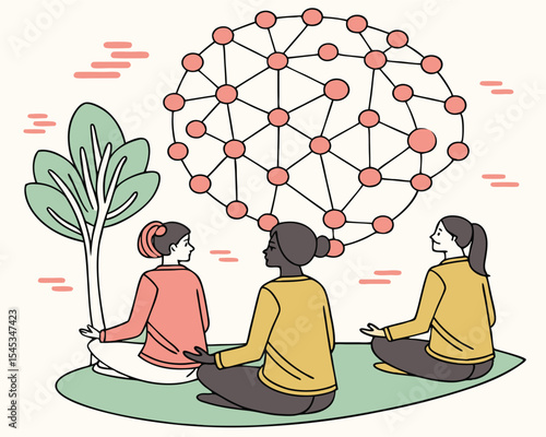 Three women meditating under a network of connected nodes in a peaceful outdoor setting with a tree