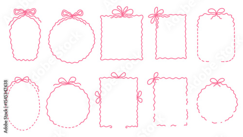 Set of bow frames of oval, square, rectangular and round shape. Decorative frames with ribbon in pink color. Vintage collection. Hand drawn line in doodle style. Vector illustrations isolated.