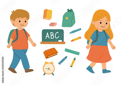 Back to school with kids, School tools and bag in flat style
