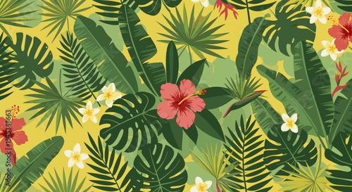 Lush tropical foliage featuring hibiscus plumeria banana leaves and palm fronds.