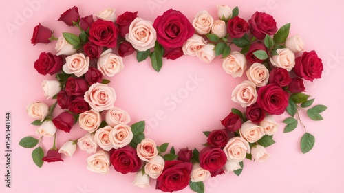 Delicate rose blooms in gentle shades of red and pink forming a beautiful heart shape against a soft pastel background