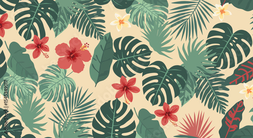 Tropical Floral Pattern with Red Hibiscus Yellow Plumeria and Green Monstera Leaves.