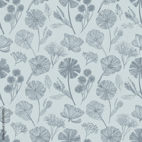 Seamless pattern with vintage floral design, featuring decorative flowers, leaves, and branches for a natural, artful wallpaper or textile texture.