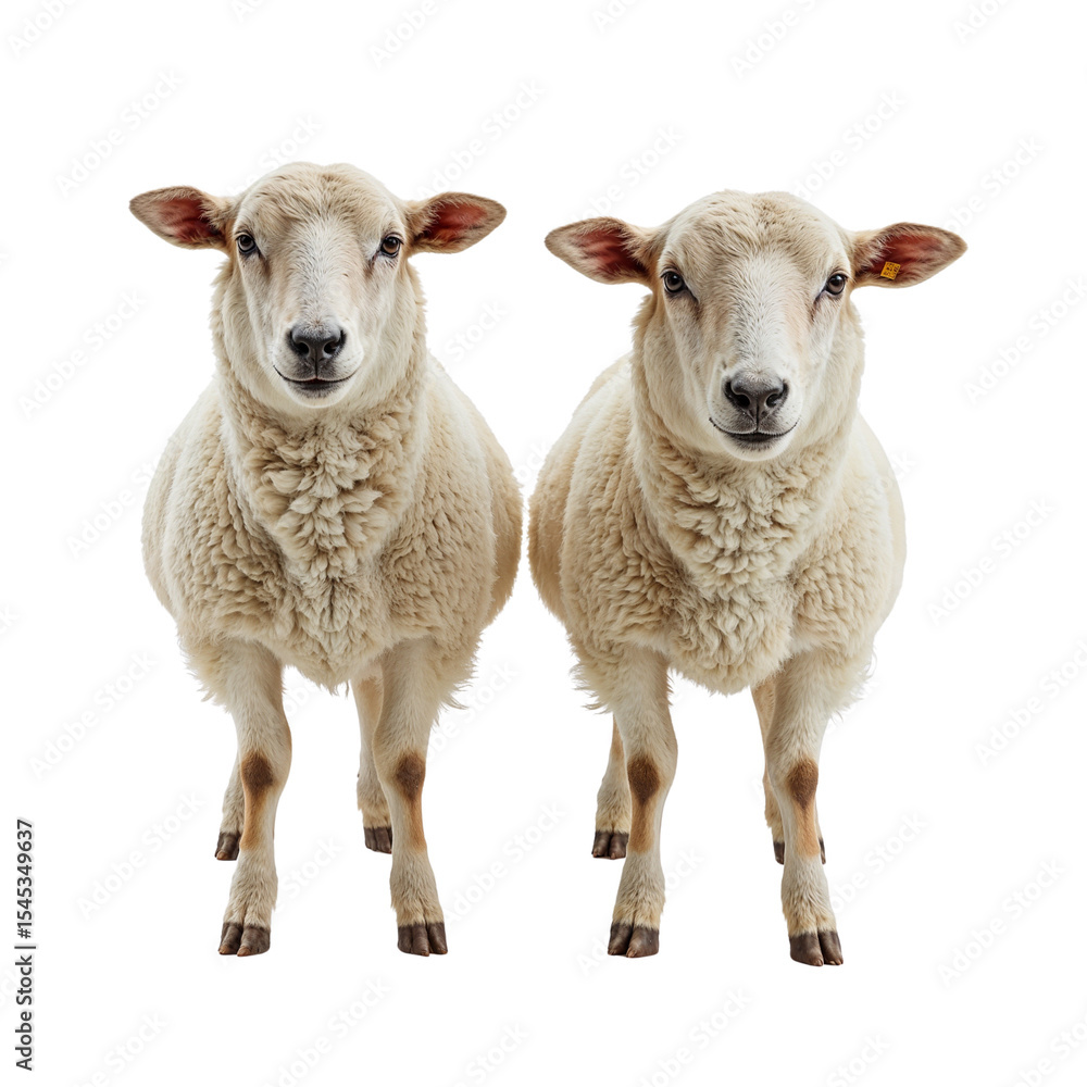 Fototapeta premium Two sheep standing side by side on white background 