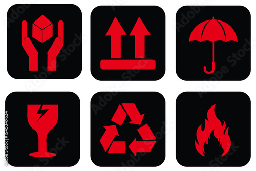 Packaging Symbols isolated on white background. Packaging symbols. Handle with care. Fragile icon set on white background. Fragile package icons set, handle with care logistics and delivery shipping