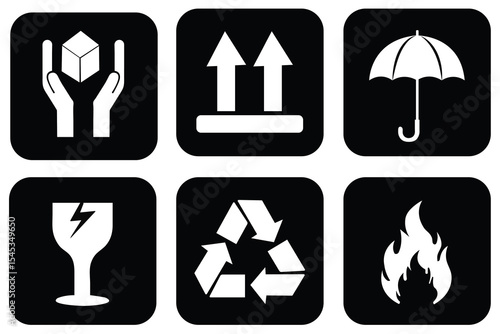 Fragile package icons set, handle with care logistics and delivery shipping labels, fragile box. Packaging & Warning Symbols Vector Set, Package Warning Symbols, Fragile, Handle with Care, Flammable