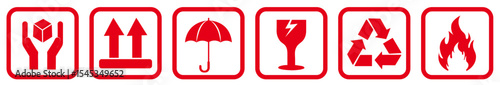 Packaging & Warning Symbols Vector Set, Package Warning Symbols, Fragile, Handle with Care, Flammable, This Side Up, Delivery & Shipping Icons on white background. 