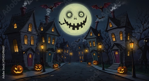 A Spooky Halloween town under the eerie glow of the full moon. 