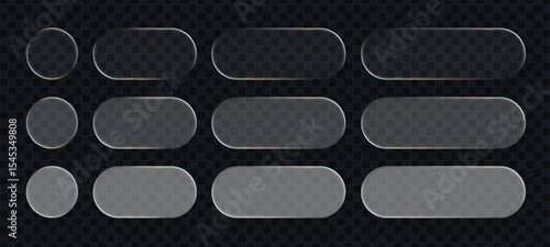 Transparent liquid glass buttons and shapes with reflections. User interface element for modern app design and web template. Vector graphics.