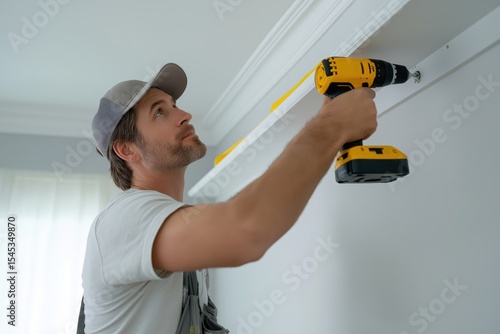 Home improvement project involves a man using a drill to install a shelf in a modern living room