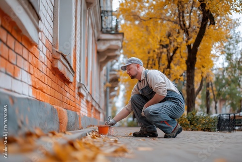 Painter works on restoring a building during autumn in a vibrant neighborhood filled with fallen leaves