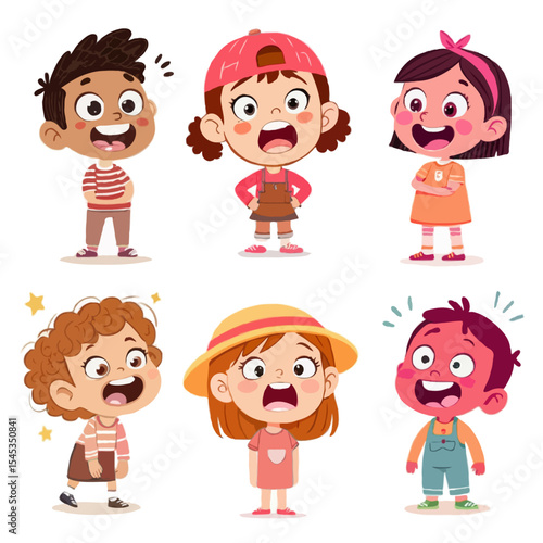 "Set of vector illustrations of cartoon children showing different emotions: happy, sad, angry, scared, surprised, excited, child-friendly style, bold outlines, bright colors"
