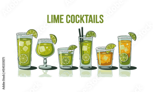 Modern vector illustration showcasing a collection of refreshing lime-based cocktails. Margarita cocktail with lime wheel and ice cubes in a clear lowball glass, easily editable.