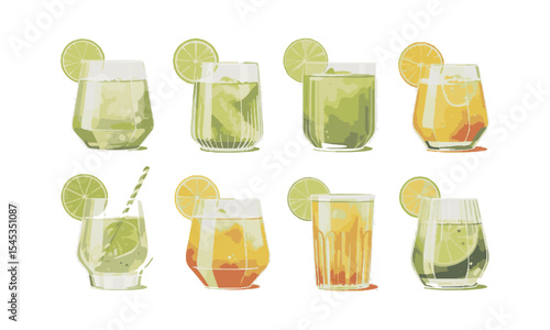 Modern vector illustration showcasing a collection of refreshing lime-based cocktails. Margarita cocktail with lime wheel and ice cubes in a clear lowball glass, easily editable.