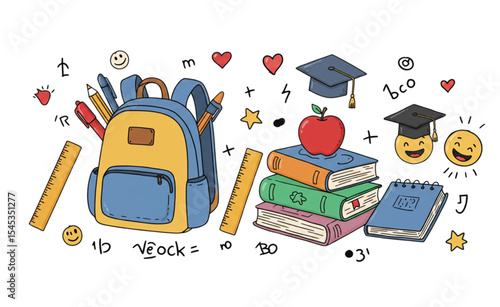 Colorful Back to School Design Featuring Backpack Books and Stationery Supplies Perfect for Education Branding