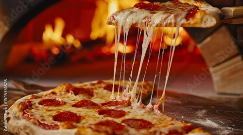Pizza Perfection: A delicious pizza is freshly baked in a rustic wood-fired oven, with a slice lifted to showcase the stretchy, melted cheese. Capture the essence of Italian food and gourmet dining.