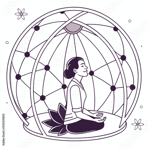 Woman meditating inside a geodesic dome with lotus flower and floral decorations in a line art style