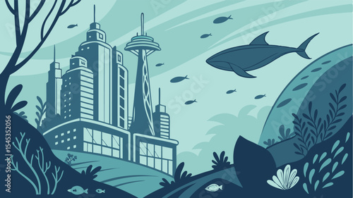Cartoon cityscape with whale and fish swimming above buildings and nature in a blue color palette