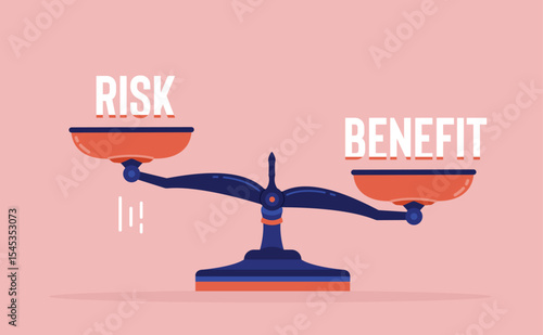 risk and benefit in scales, Scale with word marks indicating greater weight of benefits for decision making in flat design