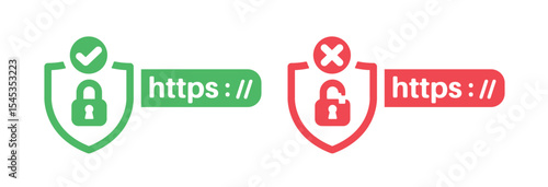 http and http security certificate on white background in shield shape Secure and unsecure web protocols. Secure connection.