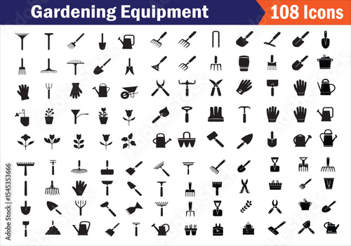 Gardening equipment black silhouette vector icon collection set on white background. 