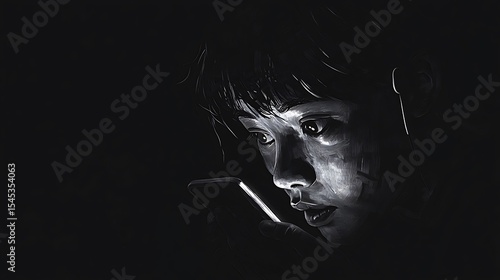 Close up of a person looking at a phone screen in the dark with dramatic lighting