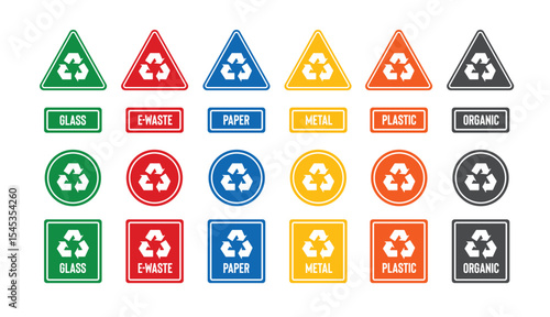 Collection of symbols for plastic, paper, glass, electronic waste, metal, organic waste, recycling labels for various types of trash bins