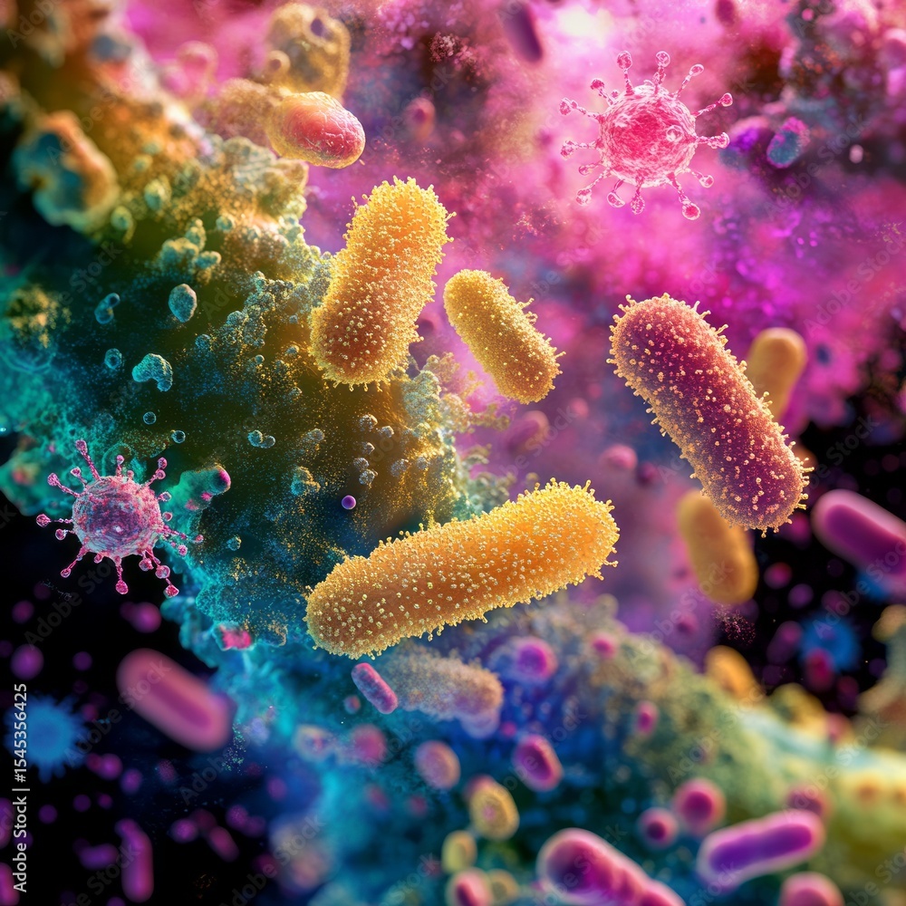 Fototapeta premium Microscopic World: A vibrant and detailed close-up of bacteria, showcasing a world of unseen microscopic wonders with an explosion of colors and shapes.