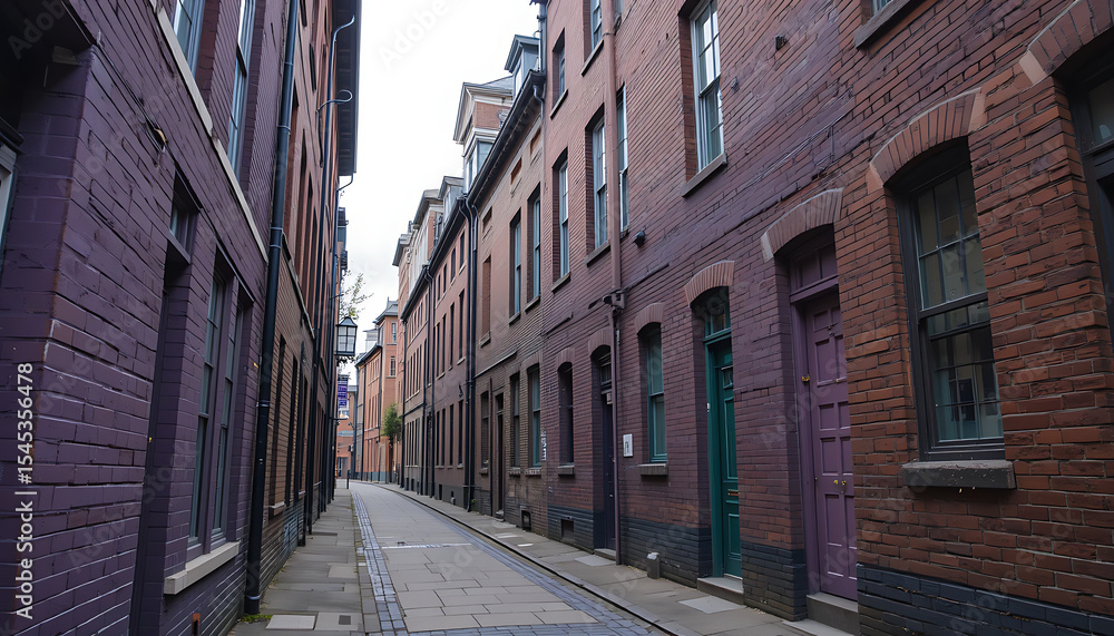 Naklejka premium Photorealistic digital artwork of a historic cobblestone street lined with charming purple and pink building facades. 4K image