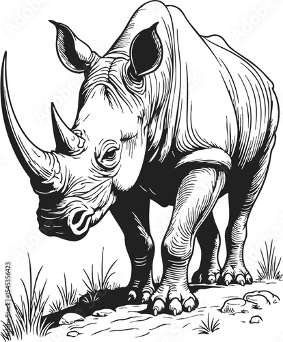 Javan Rhinoceros hand etched black and white, linework tattoo featuring a majestic rhino in a natural habitat showcasing its powerful presence and detailed features