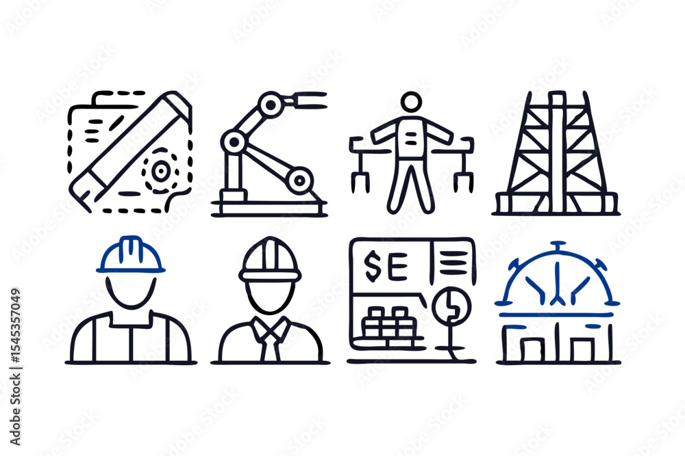 Fototapeta premium Engineering icons set construction workers industrial robots and power transmission
