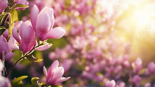 Beautiful magnolia flowers bloom in spring sunlight, showcasing vibrant pink petals and a serene atmosphere in nature