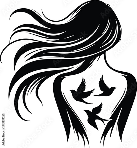 Silhouette of a woman with flowing hair and birds on her back.