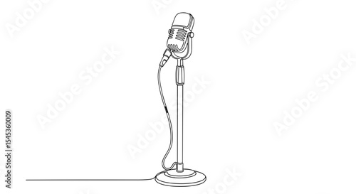 Vintage Microphone: A detailed outline of a vintage microphone stands on a pedestal, the microphone poised for a moment of vocal artistry, and poised to capture spoken words.