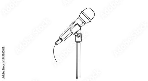Microphone Ready: A sleek, black and white line drawing of a microphone standing ready on a stand, awaiting the next voice, ready to record or amplify sound. Capturing the anticipation of the moment.