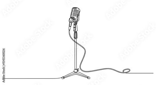 Microphone on Stand: A sleek, black-and-white line drawing captures the elegance of a classic microphone mounted on a stand, conveying simplicity and a focus on audio.
