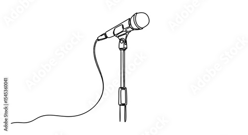 Microphone's silent promise: A minimalist black and white line drawing of a microphone poised on a stand, captures the essence of anticipation, performance and communication.