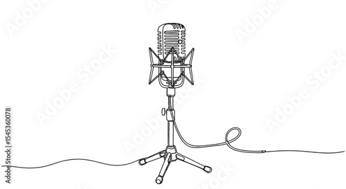 Vintage Microphone Outline: A classic, intricately drawn vintage microphone stands poised on a stand, ready to capture voices or instruments, hinting at audio recording and broadcasting.