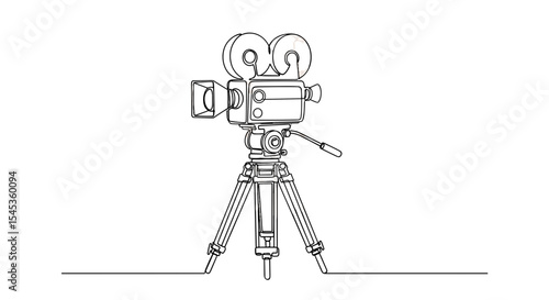 Movie Camera Silhouette: An artistic line drawing captures a vintage movie camera perched atop a tripod, evoking the timeless allure of cinema.