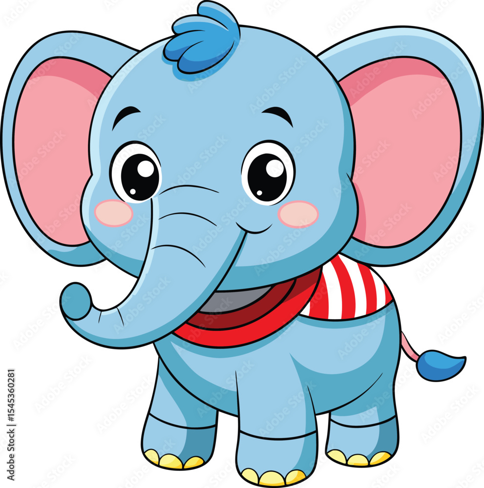 Obraz premium Cute, funny, baby elephant cartoon character illustration with a pink trunk and a happy smile, perfect for a fun safari wildlife drawing or toy animal vector art