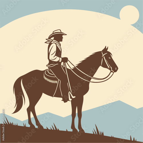 Silhouette of a cowboy riding a horse against a landscape with mountains and a bright sun in the sky