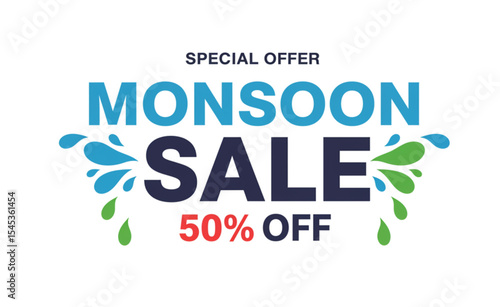 Stylish Monsoon Sale design featuring vibrant water splash elements perfect for promotional banners, website headers, or social media posts promoting seasonal discounts and offers.