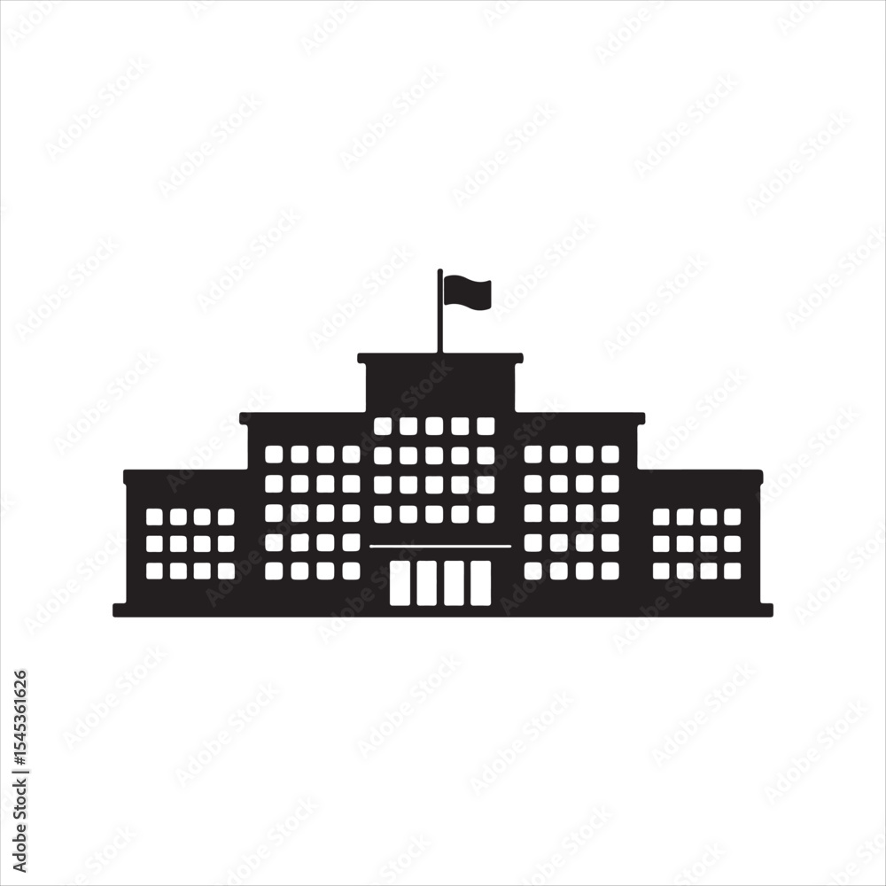 Obraz premium Symmetrical School Building Silhouette Depicts Structure and Education in a Timeless Black and White Vector