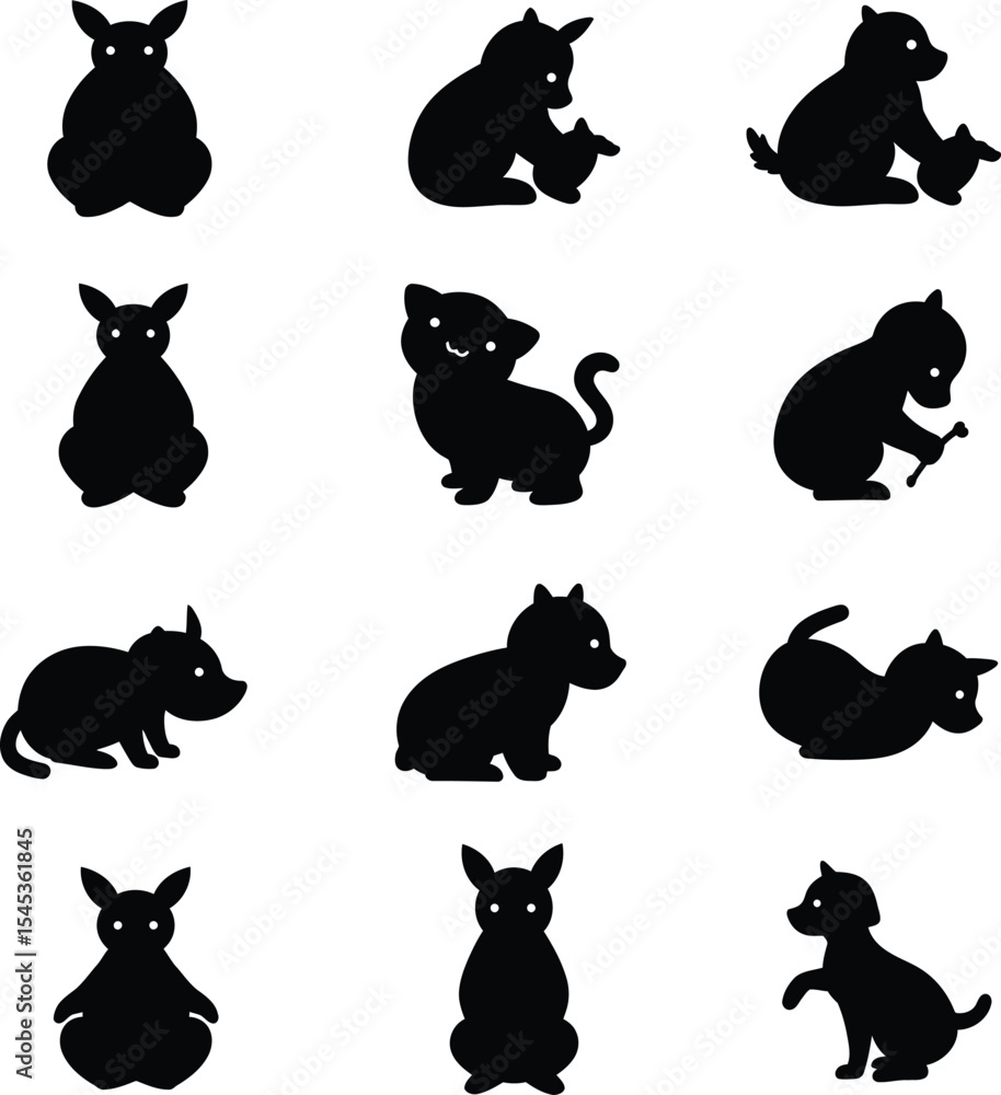 Obraz premium Charming collection of cute animal and pet silhouettes including cats, dogs, bears, rabbits, and other creatures, ideal for children's designs and animal themes.
