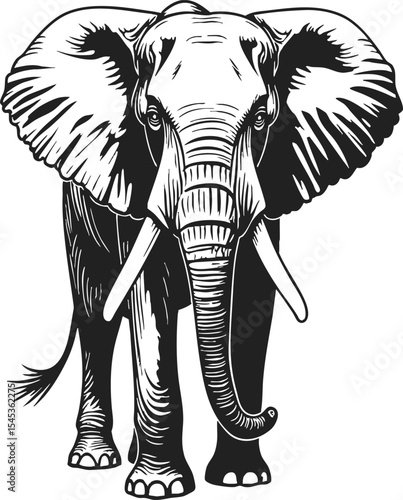 Borneo Elephant old fashioned drawing, outline illustration featuring a striking black and white depiction of this majestic animal, capturing its grandeur and distinct characteristics