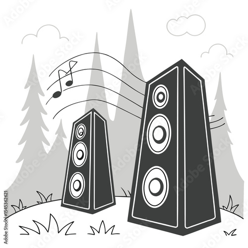 Speakers playing music in a forest setting with trees clouds and musical notes floating in the air