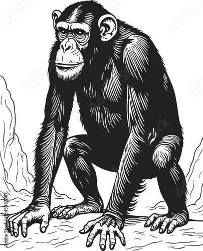 Chimpanzee engraving showcasing a vintage-style etching of an intelligent primate in a natural pose amidst rocky surroundings