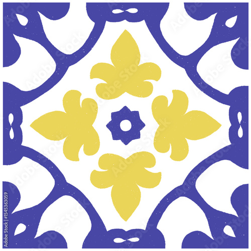 Blue yellow Italian Amalfi glazed ceramic tile pattern, Sicilian vintage hand painted floral ornament, Mediterranean classic geometric decor. Vector hand drawn illustration for summer design.